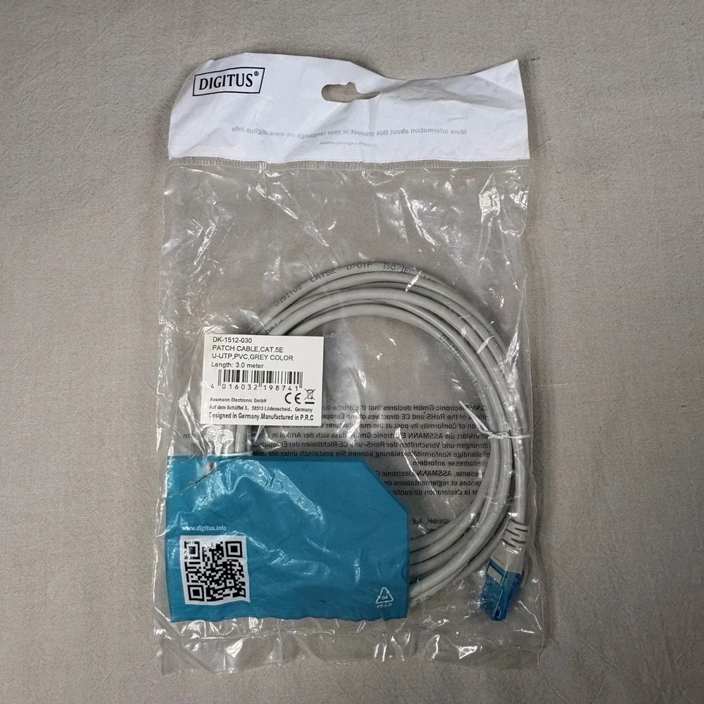 Digitus Cat 5e U-UTP PVC‎ Patch Cable 3m Grey Ethernet Network DK-1512-030